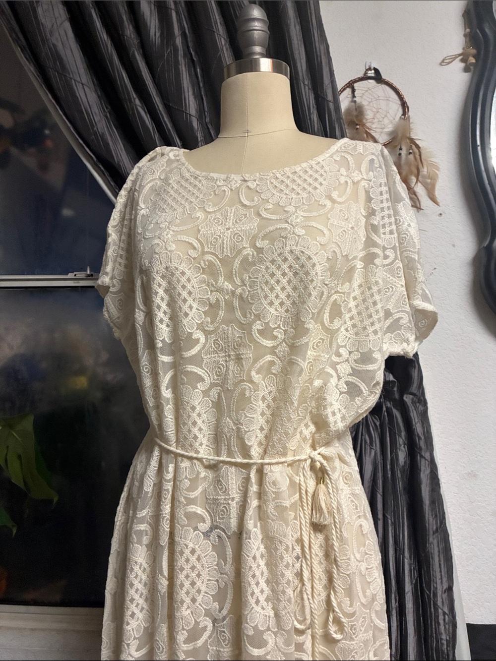 Anthropologie Cream Lace Maxi Dress with Waist Tie